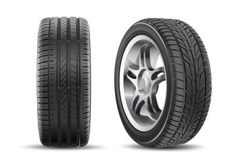 Car tires with different tread marks. Realistic vector tires set. Vector wheel icon. Tire shop, tyres change auto service. Isolated. White background. © Strajinsky