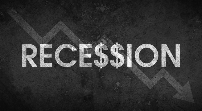 Recession - word written on a textured black background - economic crisis in the USA, America - dollar symbol