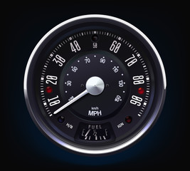 Retro Speedometer. Tachometer. Realistic vector. Round. Metal. Classic.