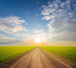 ground road among green fields at the sunset