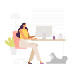 A business young woman remote works at home with dog. Office with a modern interior. Vector illustration, trendy style, flat design
