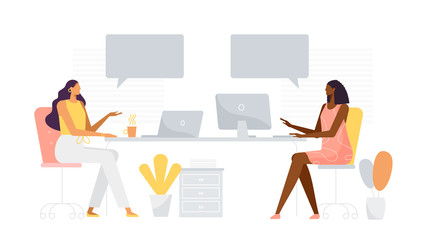 Two business young women working together. Speech bubbles, place for your text. Modern and comfortable office with window and plants. Remote work, freelance. Vector illustration,  flat design