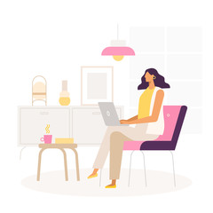 Young business woman work at home.  Remove work and freelance. Vector cartoon character. Illustration in flat design.