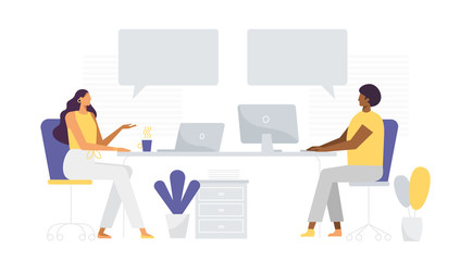 Man and woman work at modern office. African American and European people. Speech bubbles, place for your text. Remote work, freelance. Vector illustration,  flat design.