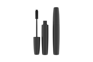 Mascara Bottle and Brush. Fashionable cosmetics Makeup for Eyes, Black Mascara wand and Tube Isolated on White. Extensible mascara and volume. 3d illustration
