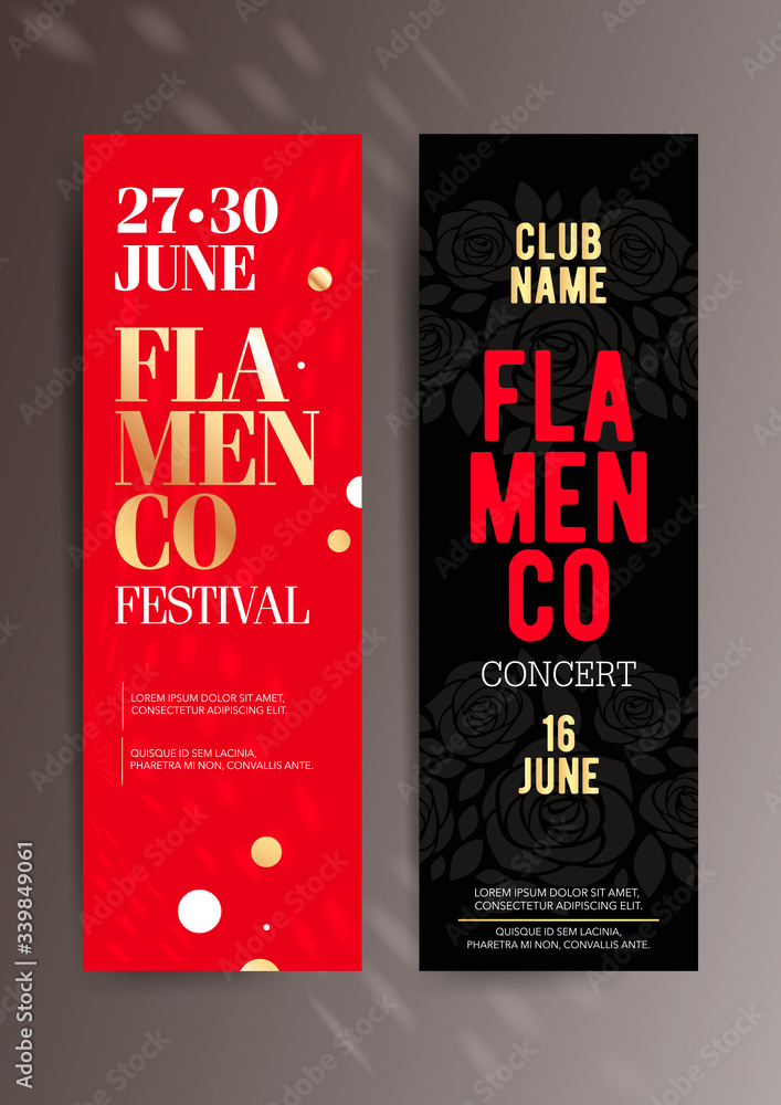 Poster set of two vertical flamenco banners templates with graphic elements and text.