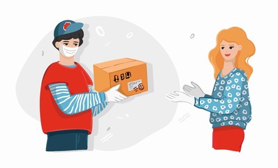Man in a medical mask and gloves passes the parcel to the girl. Banner concept for contactless delivery of goods during quarantine and self-isolation. Humanitarian assistance. Vector illustration