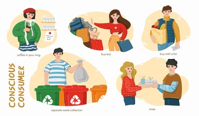 Set of groups of people consciously consumer lifestyle. Collection of various people who live an environmentally friendly lifestyle. Preservation of the environment, eco living. Vector illustration.