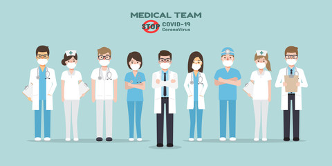 Doctors, nurses and medical staff holding poster requesting people avoid Corona virus and Covid-19 spreading by staying at home. Coronavirus Disease awareness.