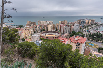 Malaga cityscape with bull arena from above