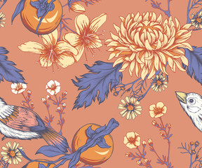 Seamless pattern with hand drawn chrysanthemums, persimmon fruits and birds