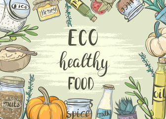 Eco healthy food. Banner with cooking utensils and products