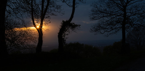 Sun bursting through the branches and a dramatic sky at Ravenhill park in Swansea, South Wales, UK