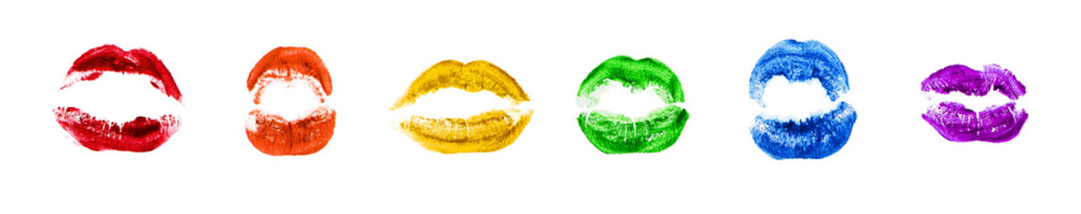 LGBTQ community rainbow flag color lipstick kiss print set on white background isolated close up, colorful makeup lips stamps, kisses imprint diversity, LGBT pride symbol, gay, lesbian etc love sign