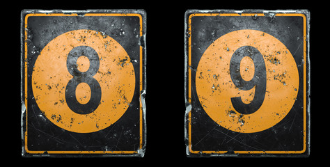Set of public road sign orange and black color with a numbers 8 and 9 in the center isolated on black background. 3d