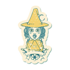 human witch with natural twenty dice roll illustration