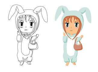 Vector anime character in rabbit kigurumi outline and colored. Cute illustration for coloring for children. Easter time. Coloring book, coloring page
