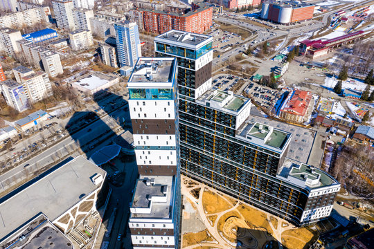Panorama of modern buildings from height in the center of the city of Yekaterinburg. Russia