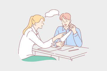 Coworking, team, training, discussion, business concept. Team of business man businesswoman coworkers partners colleagues talking work together. Teamwork, design project discussion at office meeting.