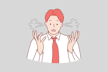 Fatigue, stress, anger, overload, perplexity, business concept. Young angry perplexed businessman boy office clerk manager illustration. Overworking and fatigue, stress at work in cartoon style.