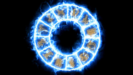 Zodiac twelve sign in the blue flame slot cycle on black screen