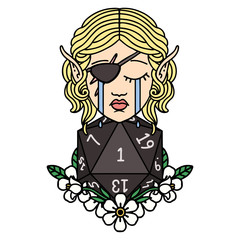 crying elf rogue character face with natural one D20 roll illustration