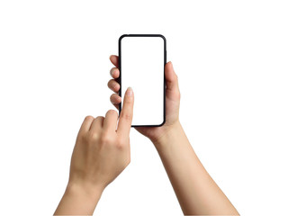 Woman touching the screen of smartphone. Isolated object on white
