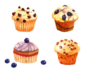 Watercolor illustration with muffins isolated on white background.