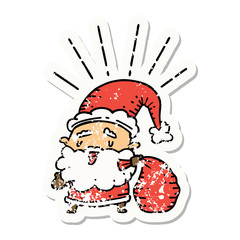 grunge sticker of tattoo style santa claus christmas character with sack