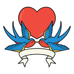 tattoo with banner of a swallows and a heart