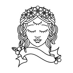 black linework tattoo with banner of female face with third eye