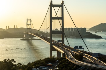 High angle shot of the Tsing Ma Bridge captured at sunset in Hong Kong