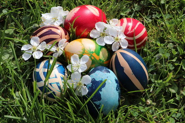 Easter eggs colorful painted on grass background