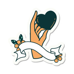 tattoo sticker with banner of a hand holding a heart