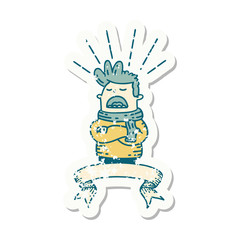 grunge sticker of tattoo style man wearing scarf