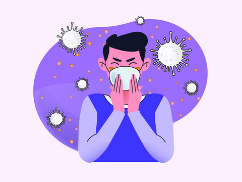 Illustration of boy wearing mask for protection. coronavirus pandemic - Covid 19. Purple Banner