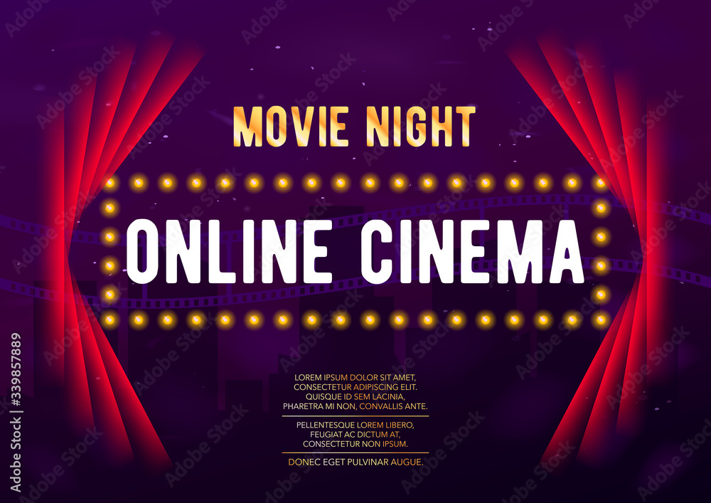 Poster horizontal color cinema background with red curtains, graphic elements and text.
