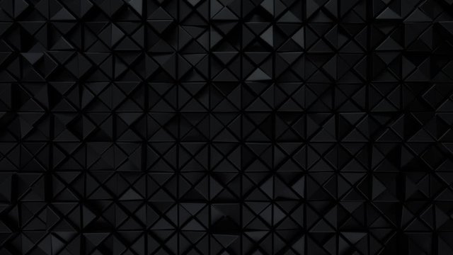 Black dynamic tiles. Polygonal pattern design. 3d loop animation. Triangular mosaic surface with changing cells. 4K seamless architectural composition. Abstract background.