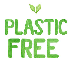 Plastic free Green icon sign Watercolor hand drawn lettering illustration isolated on white background. Ecological design. Recycled eco zero waste lifestyle. ECO friendl, Recycle Reuse Reduce concept.