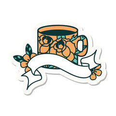 tattoo sticker with banner of a cup and flowers