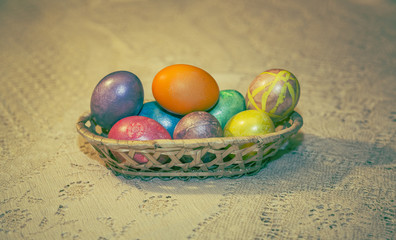 Painted festive Orthodox Easter eggs on a light background