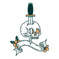 tattoo with banner of a skull and dagger