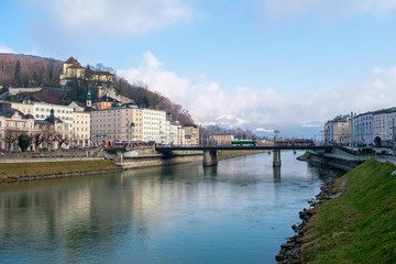 Obraz premium View from bridge on Salzach River and old Town in Salzburg, Austria