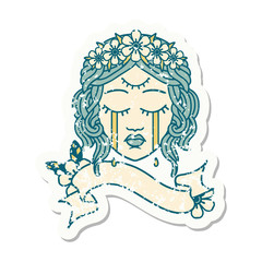 grunge sticker with banner of female face crying with third eye