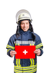 young smiling firefighter looking to the camera and holding paper sheet with germany flag