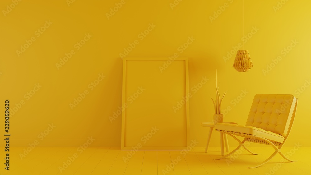 Wall mural monochrome minimal concept. interior of living with armchair and plant yellow tone on yellow floor a