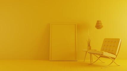 Monochrome minimal concept. interior of living with armchair and plant yellow tone on yellow floor and background. Empty frame mockup. Rendering 3D