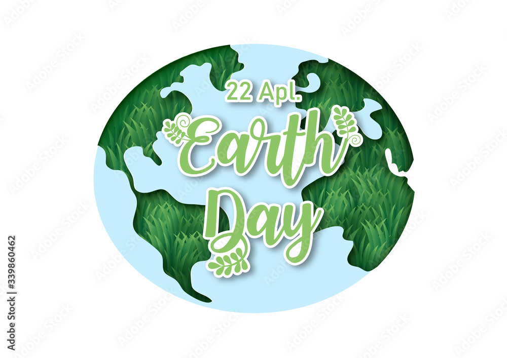 Poster Wording of Earth day and 3d grass shape on globe and white background. Earth day poster campaign in vector design.