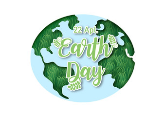 Wording of Earth day and 3d grass shape on globe and white background. Earth day poster campaign in vector design.