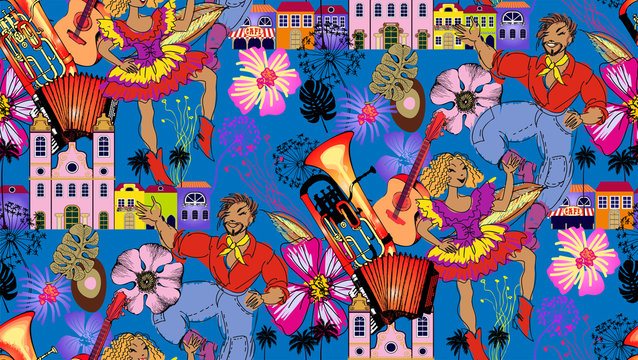 Brazilian holiday Festa Junina (the June party). Seamless pattern. Vector  Suitable for fabric, wrapping paper and the like